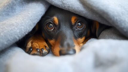 A cute dachshund puppy with bright eyes peeks out from under a soft gray blanket looking at the camera.