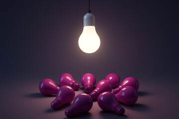 Glowing white glossy lightbulb spotlighting unlit magenta bulbs on gradient background, symbolizing uniqueness and inspiration