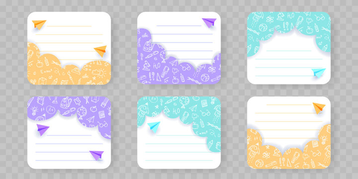 Set of colorful school themed labels with doodle pattern borders, realistic paper planes and lined space for text. Hand drawn educational templates for notebook, stickers, planners, kids tags etc.