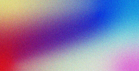 Abstract vibrant gradient background featuring smooth transitions between yellow, red, blue, and pink tones with a grainy noise texture. 