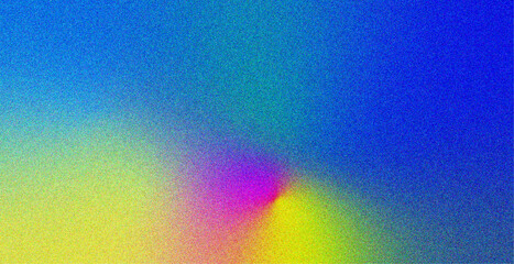 Abstract gradient background with vibrant grainy texture featuring a smooth transition between blue, yellow, magenta, and green tones. 