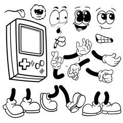 Cartoon Gaming, a collection of playful cartoon elements comes together, including game console parts, eyes, mouths, hands, and feet.