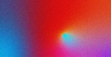 Abstract colorful gradient background with red, blue, purple, and cyan tones blended through a grainy, noisy texture. The digital noise effect creates a retro, vaporwave-inspired aesthetic perfect for