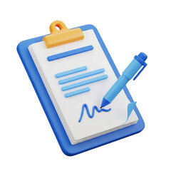 3D signing contract icon. Clipboard with document and pen for agreements and paperwork. Isolated on transparent background, png