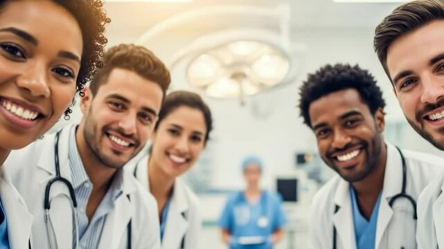 Point of view of patient and see diverse Group of Smiling Medical Professionals