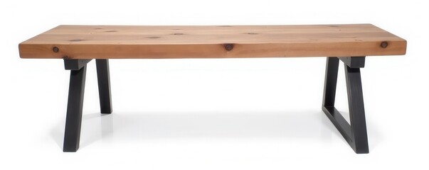 Rustic wooden bench, sturdy metal legs Isolated , design, white background