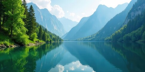 Serene mountain lake, lush green trees, tranquil scene, environment, nature