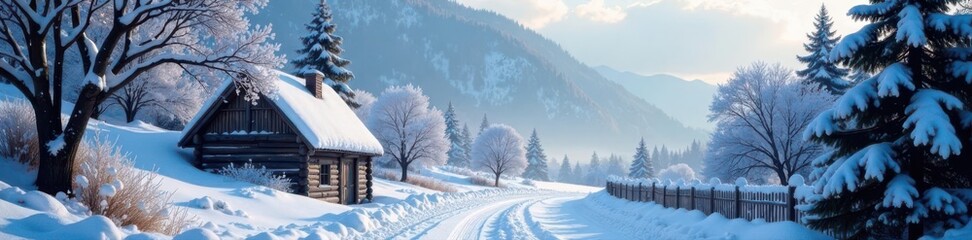 Soft snowfall dusts charming village, tranquil winter setting , season, beautiful