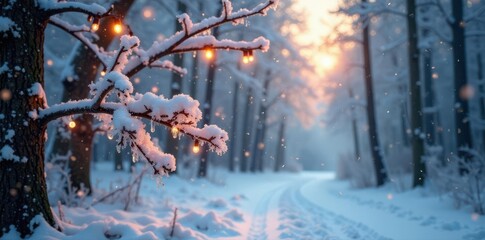 Soft snowfall on frosted branches, warm hanging lights Serene winter forest scene , Winter forest, hanging lights, serene