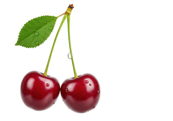 Two ripe red cherries with green leaves and water droplets, isolated on transparent background
