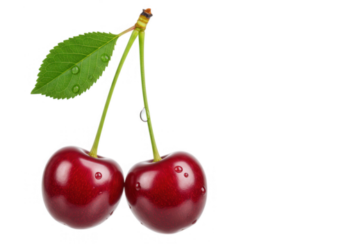 Two ripe red cherries with green leaves and water droplets, isolated on transparent background