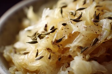 Tangy sauerkraut topped with caraway seeds creates a delicious side dish