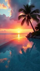 Stunning tropical sunset, palm tree reflections in crystal clear infinity pool , blue, image