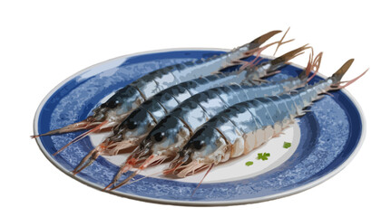  Raw blue river prawn in the plate served isolated on transparent background
