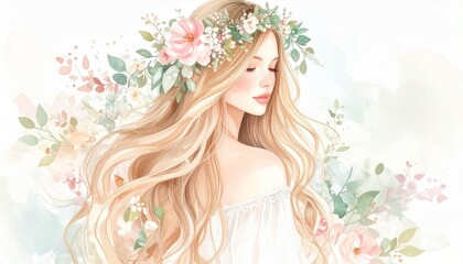 Watercolor Art Fashion Beauty Woman concept. Portrait of a woman with long hair and floral accents.