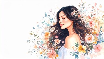 Watercolor Art Fashion Beauty Woman concept. A woman surrounded by colorful flowers in an artistic style.