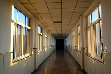The hospital corridors and windows at sunrise in the early morning
