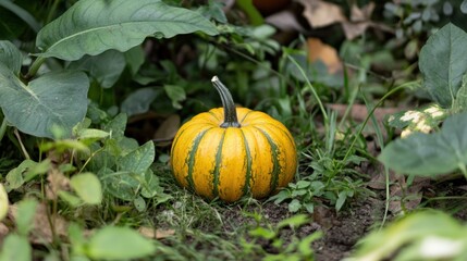 Small pumpkin nestled in garden foliage
