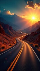Sun-baked road winding through fiery Nevada valley , canyon, aztec sandstone