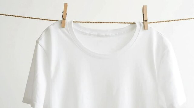 White t-shirts hanging on a rope with wooden clips in a laundry setting