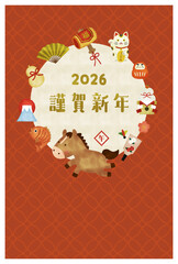 水彩風　2026年・午年のかわいい年賀状（謹賀新年・和風デザイン）