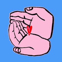 Human hands holding small heart. Tiny red heart lying in palms. Hand drawn modern Vector illustration. Isolated design element. Poster, print, sticker template. Care, support, love concept