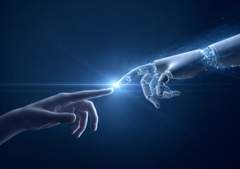 Human hand reaching towards a robotic hand, illuminated by a bright light at their fingertips.