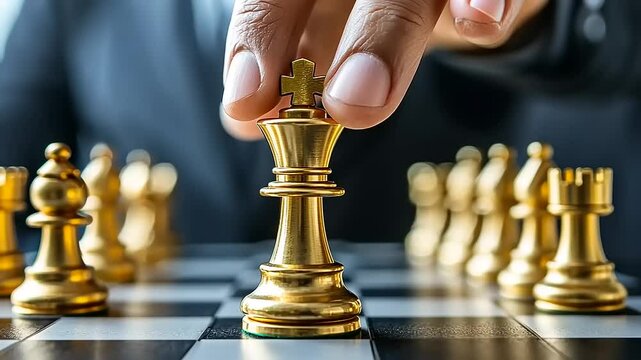 Hand placing a gold chess king on a chessboard.