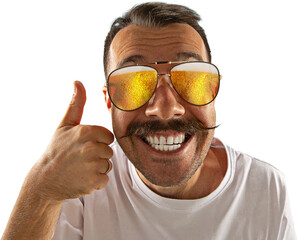 Close-up portrait of a smiling man with a mustache, wearing sunglasses with beer reflected in the...