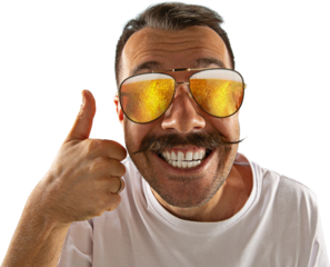Close-up portrait of a smiling man with a mustache, wearing sunglasses with beer reflected in the lenses, giving a thumbs up gesture. Concept of promotion for beer events and festivals