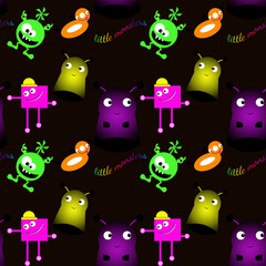 Pattern con piccoli mostri colorati su sfondo nero