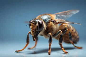 Fototapeta premium Macro Photography of Honeybee on Blue Background