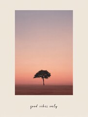 Lone tree silhouette against minimalist sunset landscape soft pastel sky nature tranquil setting serene view