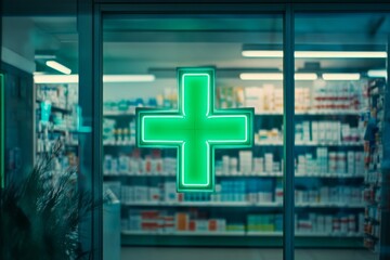 A green cross sign on the window of a pharmacy or medical store, with shelves of products visible in the background.