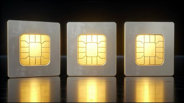 Golden SIM Cards on Reflective Surface Modern Digital Wallet and Connectivity Technology Innovation with Illuminated Chips