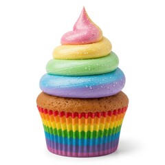 Rainbow layered frosting elegantly tops this colorful cupcake, making a visually striking and sweet treat