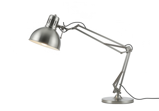 A silver metal desk lamp with adjustable arm is isolated on transparent background