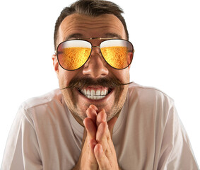 Excited man wearing reflective sunglasses with beer and giving a big smile, isolated on transparent...