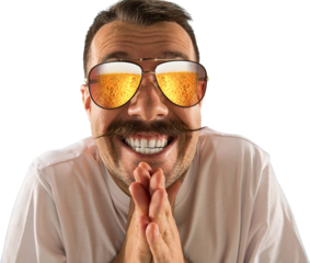 Excited man wearing reflective sunglasses with beer and giving a big smile, isolated on transparent background. Concept of mascot-like characters for beverage packaging