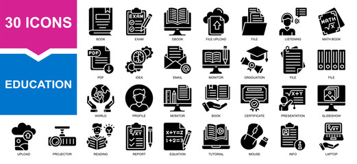Vector set of education glyph collection. Containing book, file, maths, laptop, monitor.