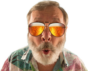 Older man reaching forward with fierce expression, sunglasses reflecting beer, isolated on...