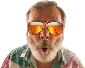 Older man reaching forward with fierce expression, sunglasses reflecting beer, isolated on transparent background. Concept of advertising content for bars, pubs, and breweries