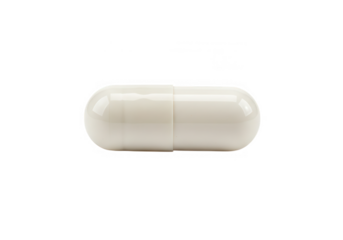 A single white medicine capsule pill is isolated on transparent background