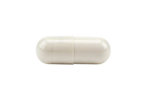 A single white medicine capsule pill is isolated on transparent background