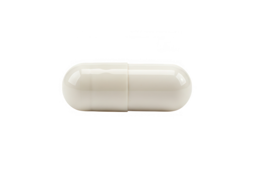 A single white medicine capsule pill is isolated on transparent background