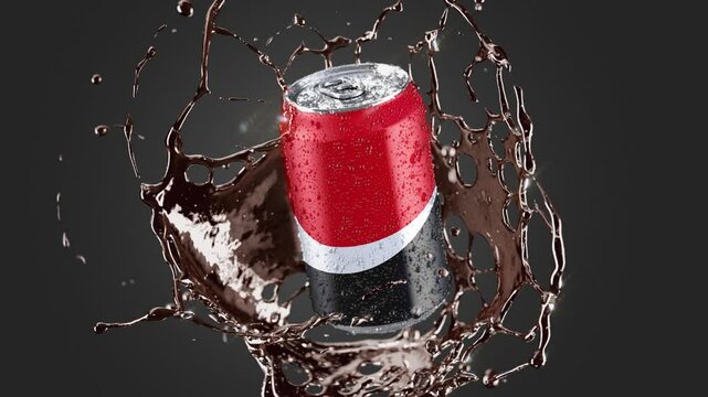 330ml soda can falling splash slow motion, depth of field