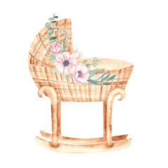 Watercolor illustration of Baby Girl cradle from rattan decorated with anemone bouquet. Hand drawn Crib illustration in retro style. For newborn greeting or birthday cards, baby shower invitations