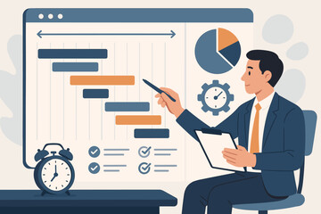 Project management concept with businessman analyzing Gantt chart. Workflow progress tracking, strategic planning, and scheduling timeline. Task management and deadline vector.