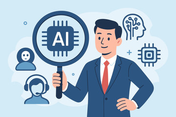 Businessman analyzing AI technology with magnifying glass. Artificial intelligence concept for chatbot, machine learning, smart agents, digital transformation and business automation.