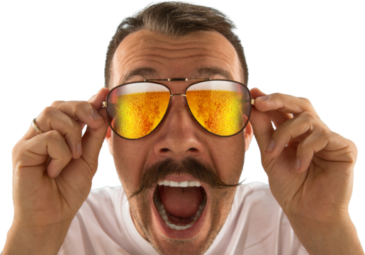 Bearded older man in tropical shirt, looking surprised through sunglasses filled with beer. Concept of lifestyle branding for beverage-related campaigns